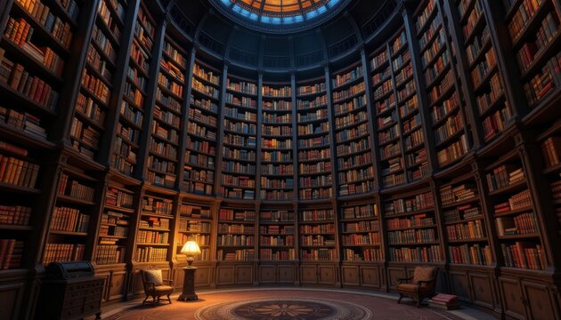 a room with towering bookshelves filled with an endless array of books, illuminated by a soft glow from a lamp on the floor