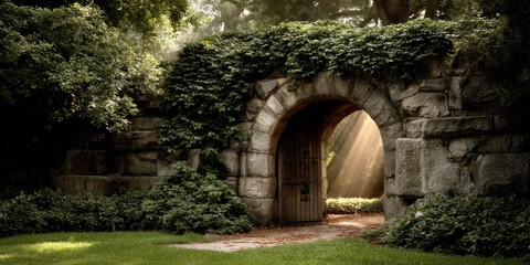 Naklejka premium Ancient stone archway leading into a garden