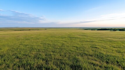 Fototapeta premium Vast Prairie Landscape Distant Trees Serene Natural Style High-resolution Vivid Colors Wide Angle View Undulating Terrain Peaceful Dawn Bright, Green Hues Real Estate Advertisement