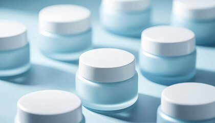 Lotion jars with white lids on a light blue background. Cosmetic product advertisement.