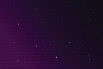 Retro cyberpunk pixel art game scene from the 80s. Dark purple 8-bit sci-fi background. Glowing neon grid and stars from a vintage arcade computer game.