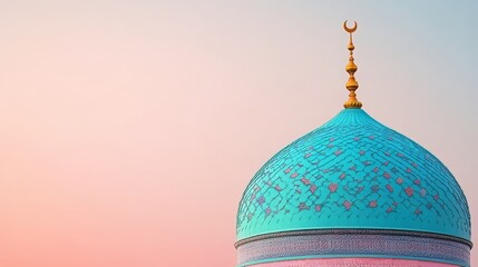 stunning islamic mosque dome with golden ornamental windows and crescent moon finial at sunset sky in middle eastern architectural style