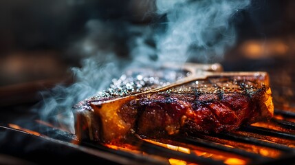 Close-up of a perfectly grilled t-bone steak, with smoke rising off the sizzling meat.