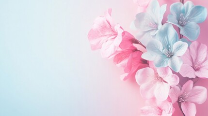 Fototapeta premium A floral background with pink and white blossoms on a split blue and pink background.