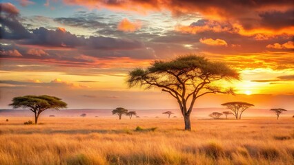 A warm sunrise illuminates the African savanna's vast expanse of golden grasslands and acacia trees, with hues of pink and orange dancing across the sky , acacia trees, wildlife