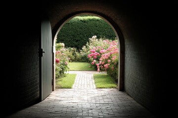 A pathway through a doorway to a garden of blossoms.
