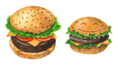 Set of delicious fresh burgers. Watercolor illustration isolated on white background. 