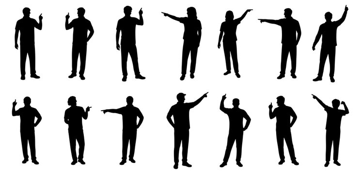 People pointing silhouette. Men and women in various gestures silhouette. People pointing silhouettes on a white background.
