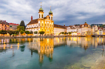 The Historic Jesuit Church in Lucerne, Switzerland at night