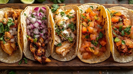 Delicious variety of authentic mexican tacos with fresh ingredients food meat fish meal tasty sauce
