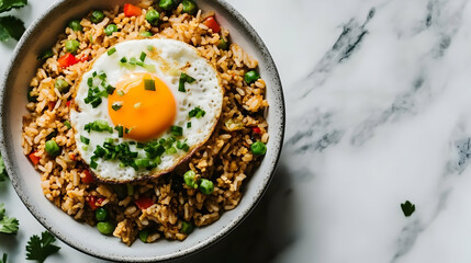 Delicious fried rice topped with a sunny side up egg served on marble table