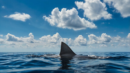 A dark gray dorsal fin breaks the blue sea surface. The presence of these distinctive fins creates a sense of mystery and potential danger hidden beneath the waves