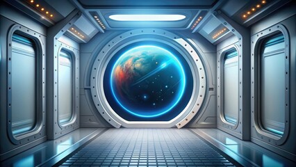 Spaceship Corridor Porthole: Red & Blue Planets, Futuristic Game Background
