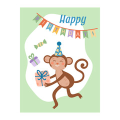 Cute colorful birthday card monkey. Animal character. Hand-drawn vector illustration in flat style.