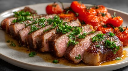 Sliced steak with roasted tomatoes and fresh herbs, an appetizing and savory meal.