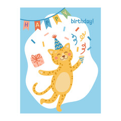 Cute colorful birthday card leopard. Animal character. Hand-drawn vector illustration in flat style.