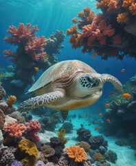 Obraz premium Green sea turtle gracefully swims amidst vibrant coral reef, azure backdrop , sea life, flippers