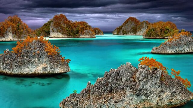 Dramatic Tropical Landscape with Turquoise Water and Rocky Islands Under Stormy Clouds