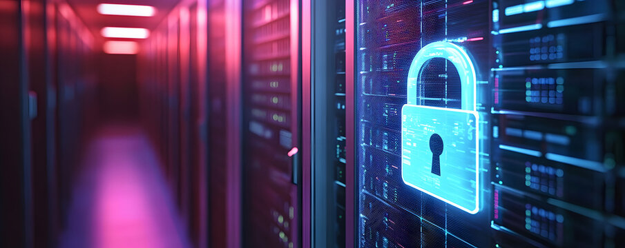 A secure server room with digital lock overlay, highlighting cybersecurity and data protection. The glowing servers emphasize technology and safety