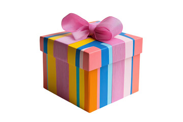 Obraz premium Colorful striped gift box with pink ribbon a perfect present bright cheerful colors studio shot on