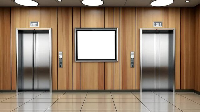 Modern elevator lobby with blank advertising display
