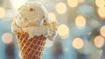 Delicious ice cream cone with creamy vanilla scoops against bokeh background