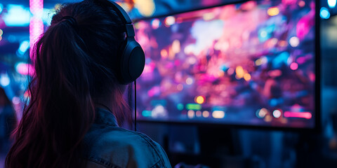 Gamer Playing Video Game with Neon Lights | Gaming Experience, Woman in Headphones Playing Video Game | Colorful Gaming Setup