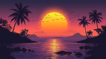 vibrant tropical sunset landscape with trees silhouettes, flock of birds in flight, colorful orange and purple sky, with sea view, peaceful lake reflections