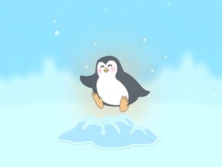 Obraz premium Cute penguin sliding on ice with blue and white background illustration for winter and animal themes