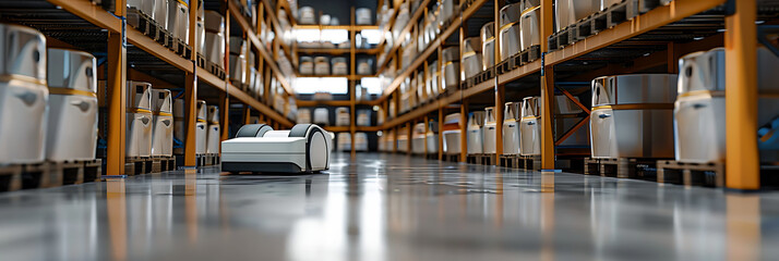 Autonomous mobile robot (AMR) navigating the aisle of a modern warehouse with tall shelves stacked high with goods. Represents logistics automation and smart factory.
