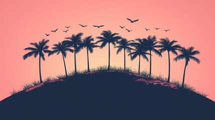 vibrant tropical sunset landscape with trees silhouettes, flock of birds in flight, colorful orange and purple sky, with sea view, peaceful lake reflections