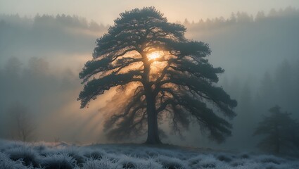Pine Tree Sunlight Fog Forest Landscape