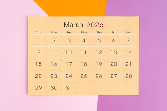 March 2026 calendar brown paper page on purple background. - Powered by Adobe