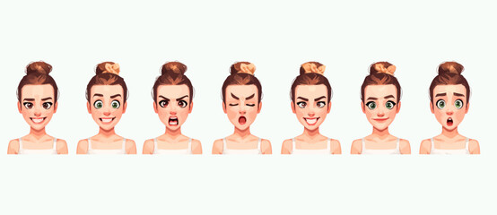 Fototapeta premium A set of expressive character faces for a Ballerina, showcasing different emotions: happy, angry, surprised, sad, mischievous, and neutral.