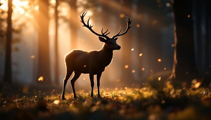 Deer in Autumn Forest Walking Through Sunlit Clearing with Leaves