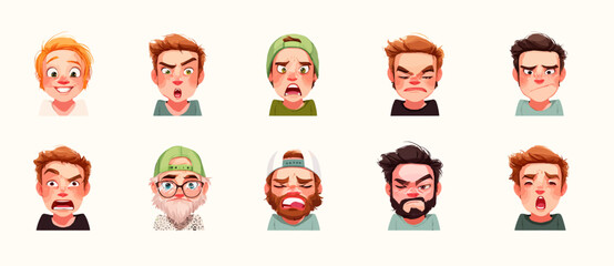 A set of expressive character faces for a Skateboarder, showcasing different emotions: happy, angry, surprised, sad, mischievous, and neutral.