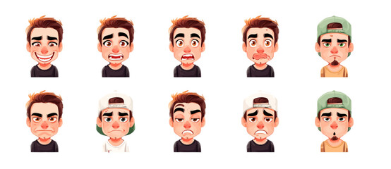 A set of expressive character faces for a Skateboarder, showcasing different emotions: happy, angry, surprised, sad, mischievous, and neutral.