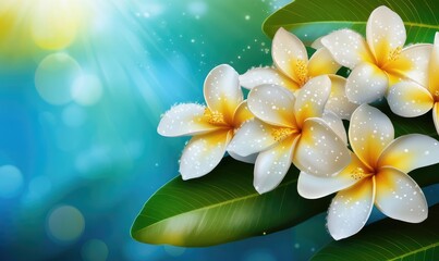 Fototapeta premium Bright tropical summer design with plumeria flowers and leaves. AI generated illustration.