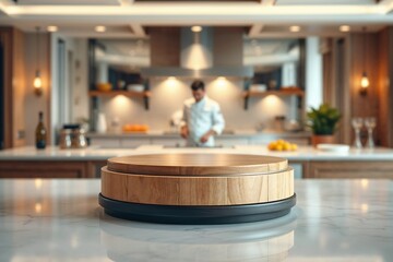 Fototapeta premium Modern Kitchen Interior with Wooden Display Podium and Chef in Background