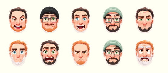 A set of expressive character faces for a Pilot, showcasing different emotions: happy, angry, surprised, sad, mischievous, and neutral.