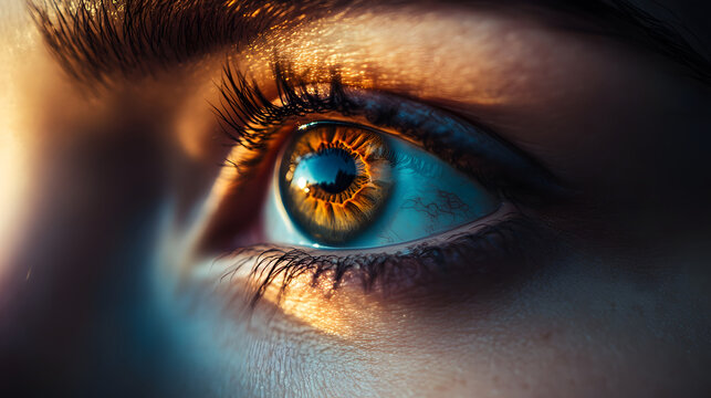 Golden Gaze: A close-up of a captivating human eye, illuminated by the golden sunlight that reflects off the iris, creating a mesmerizing look that portrays the depth and allure of the human vision.