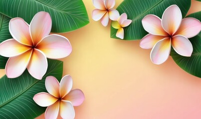 Obraz premium Bright tropical summer design with plumeria flowers and leaves. AI generated illustration.