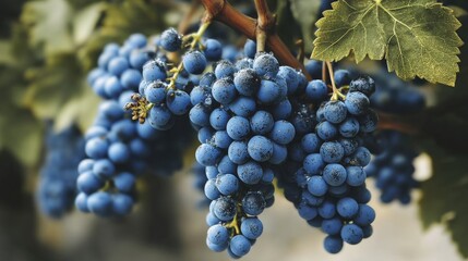 Plump blue grapes hanging on a vine, surrounded by green leaves in a vineyard.