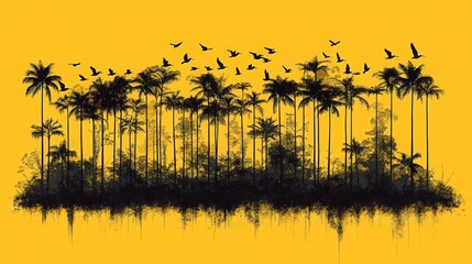 vibrant tropical sunset landscape with trees silhouettes, flock of birds in flight, colorful orange and purple sky, with sea view, peaceful lake reflections