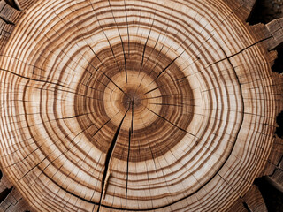 A detailed cross-section of a tree trunk reveals its growth rings and natural wood grain.

