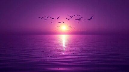 vibrant tropical sunset landscape with trees silhouettes, flock of birds in flight, colorful orange and purple sky, with sea view, peaceful lake reflections
