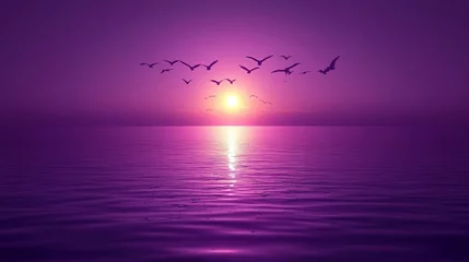 Fotobehang vibrant tropical sunset landscape with trees silhouettes, flock of birds in flight, colorful orange and purple sky, with sea view, peaceful lake reflections © imtde.sign