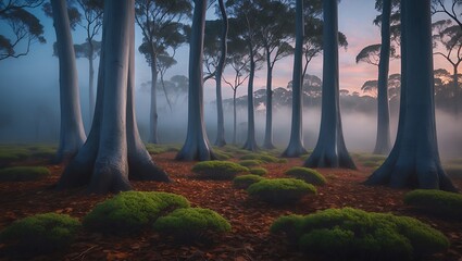 Tall trees in misty forest landscape