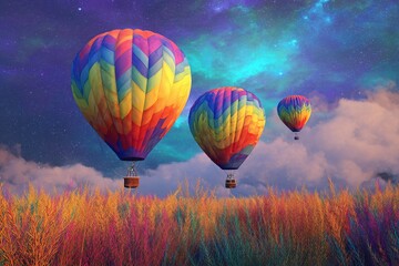 Fototapeta premium Colorful hot air balloons rise over a vibrant landscape at dawn during a peaceful morning