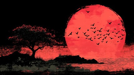 vibrant tropical sunset landscape with trees silhouettes, flock of birds in flight, colorful orange and purple sky, with sea view, peaceful lake reflections